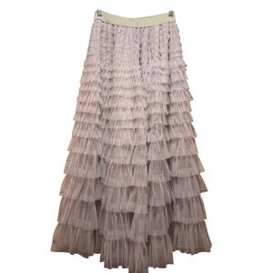 Tiered Tulle Ruffle Maxi Skirt Dusty Nude Elastic Waist Fairycore Boho Festival